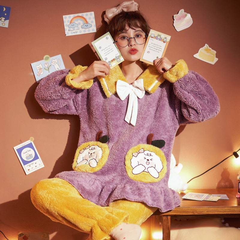 珊瑚绒睡衣女秋冬季加厚加绒保暖可爱法兰绒家居服冬天可外穿套装