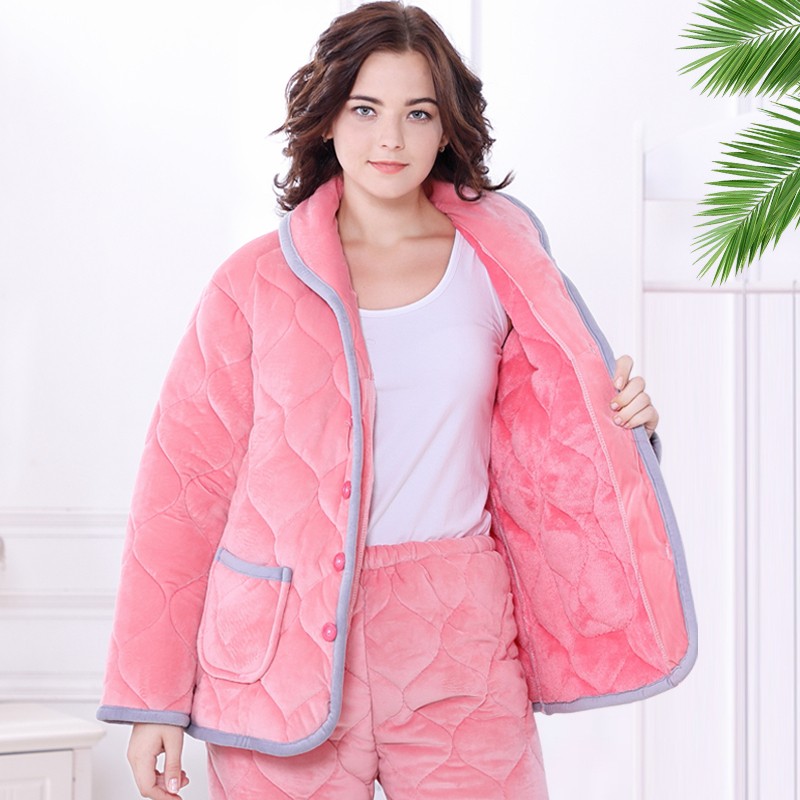 睡衣女冬季三层加厚夹棉睡衣法兰绒珊瑚绒可外穿大码棉袄保暖睡衣
