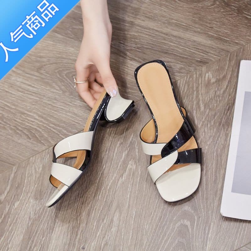 SUNTEK凉鞋2022夏季新款方跟中跟一字凉拖鞋外穿时尚女鞋图片