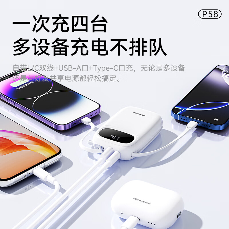 纽曼(Newmine)[3C认证]迷你自带线充电宝 10000mAh 22.5W快充四口同时输出 P58 白色高清大图