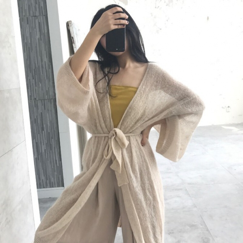 慵懒风马海毛针织开衫外套女中长款宽松百搭防晒薄款毛衣罩衫披肩 杏色 均码
