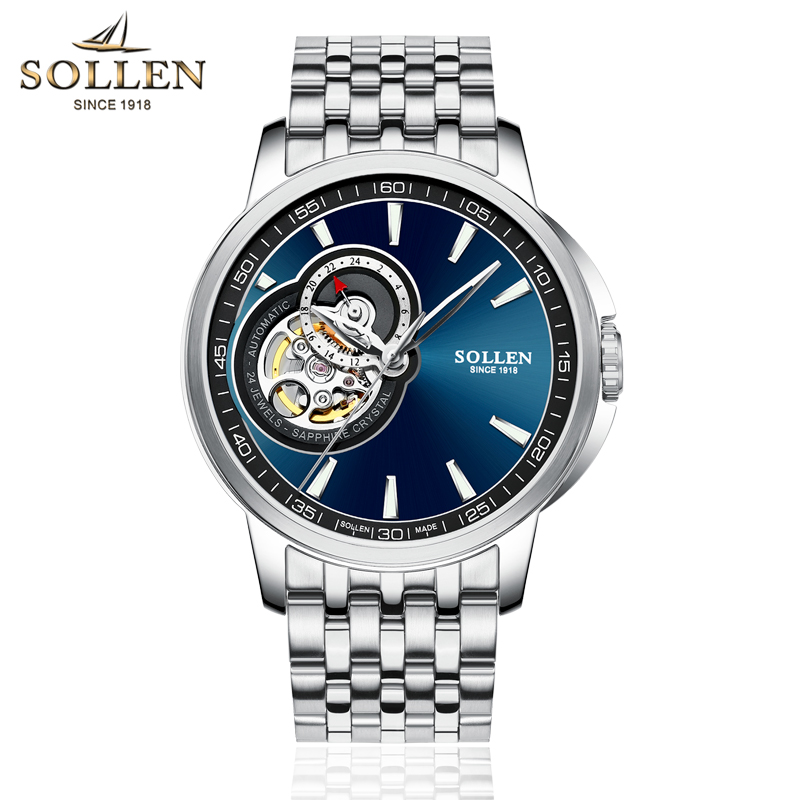 梭伦(SOLLEN)手表男自动机械表镂空飞轮时尚休闲商务简约复古男式表防水钢带SL-502高清大图