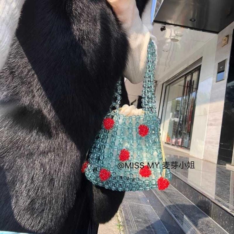 复古橘子汽水草莓串珠包 透明水晶少女亚克力串珠手工编织手提包 材料[橘子口红包]无内袋