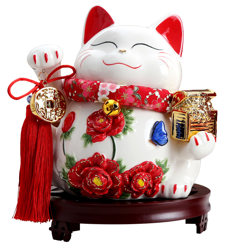 大号10寸花开富贵招财猫摆件 陶瓷存钱罐招财猫储蓄罐礼盒装 办公室前台商铺居家摆件开业乔迁礼品 木垫