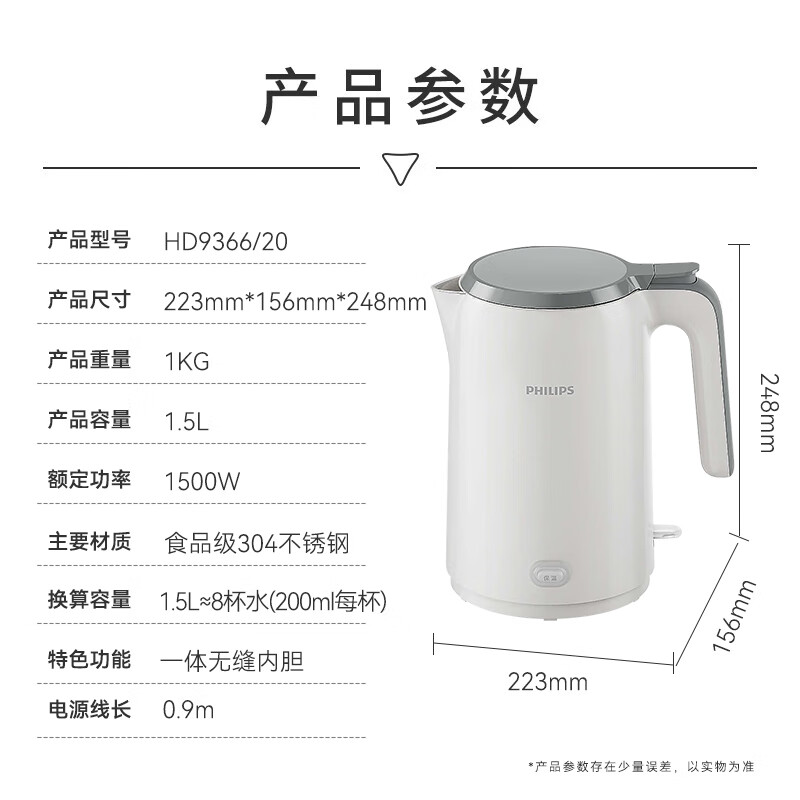 飞利浦(PHILIPS)烧水壶电水壶一键保温自动断电一体1.5L容量304食品级无缝不锈钢恒温水壶泡茶调奶器HD9366高清大图