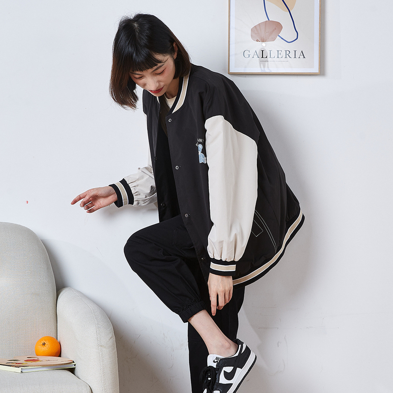 唐狮春秋新款棒球服外套女短款冬韩版宽松ins潮上衣美式炸街夹克_17554 M 黑色