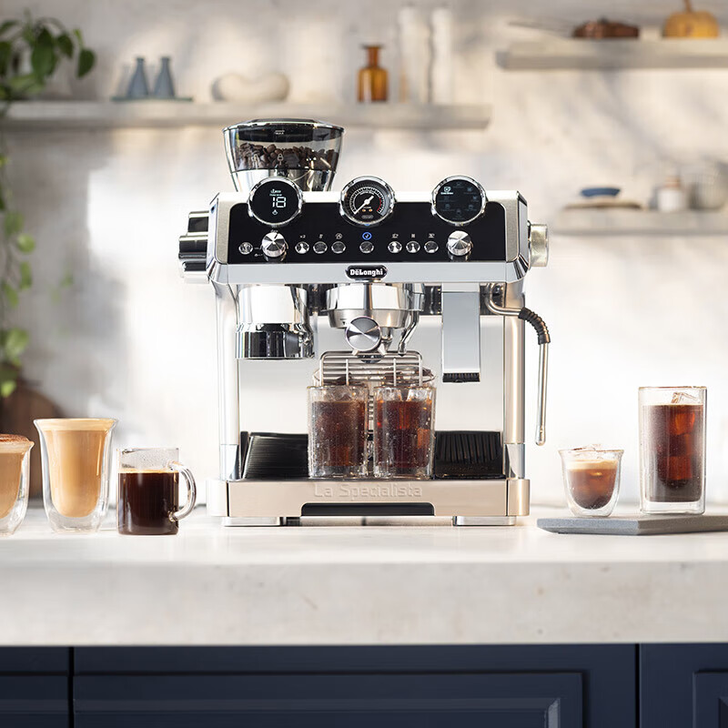 德龙 (Delonghi)咖啡机 冷萃半自动咖啡机 家用现磨意式研磨一体机 全自动打奶泡 银骑士 EC9865.M*