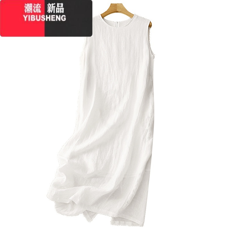 YIBUSHENG白色亚麻背心长裙女季通勤简约无袖打底裙宽松显瘦棉麻连衣裙薄高清大图