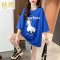 秋壳美式复古克莱因蓝潮流卡通鸭短袖T恤女2022夏季韩版圆领上衣