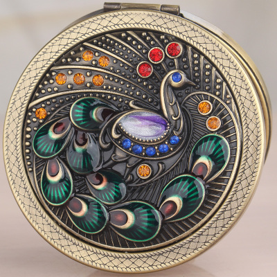 孔雀青 俄罗斯迷你随身双面化妆镜折叠便携小镜子复古可爱小号圆镜男女