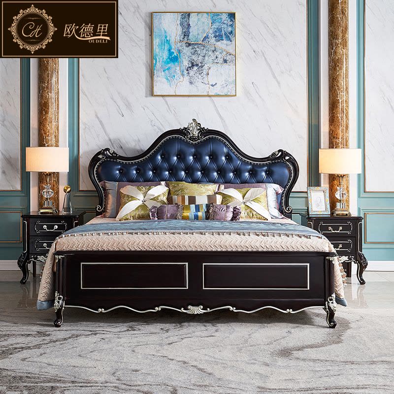 卧室双人床欧式奢华大户型1.8m雕花皮床简欧主卧黑檀色床家具组合图片