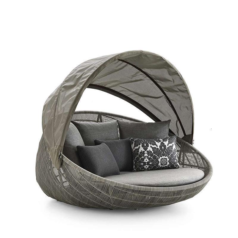 森美人藤床藤编床户外圆形藤床双人床藤编北欧花园大圆床庭院休闲沙发床 加装折叠遮阳棚