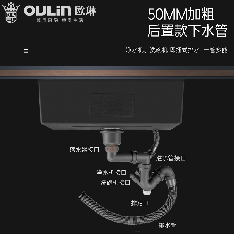欧琳黑色纳米水槽单槽后置下水纳米涂层加厚加深台上盆台下盆高清大图