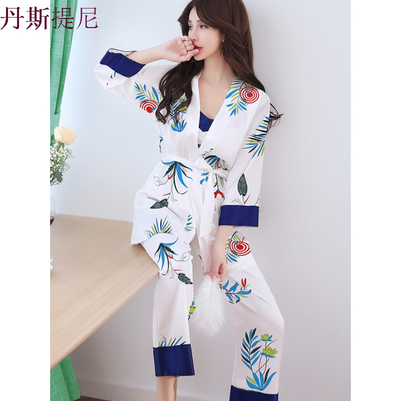 新款睡衣女秋冬季性感丝绸长袖长裤短裤带四件套睡衣夏睡裙套装
