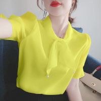 雪纺衫女上衣洋气高档小衫女2021夏季新款宽松大码蝴蝶结短袖上衣 黄色 M 80-100