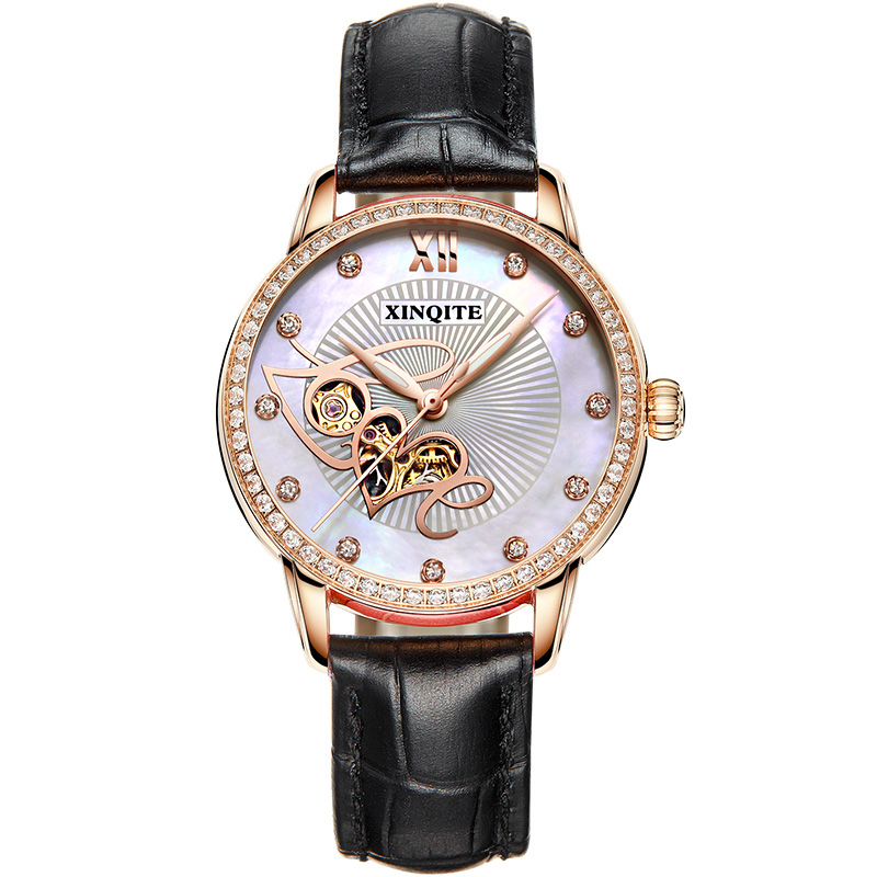 新奇特正品手表女士四叶草镂空自动机械表防水陶瓷钢带皮带钻爱心形时尚简约商务新款女表X-21 爱心睿智黑