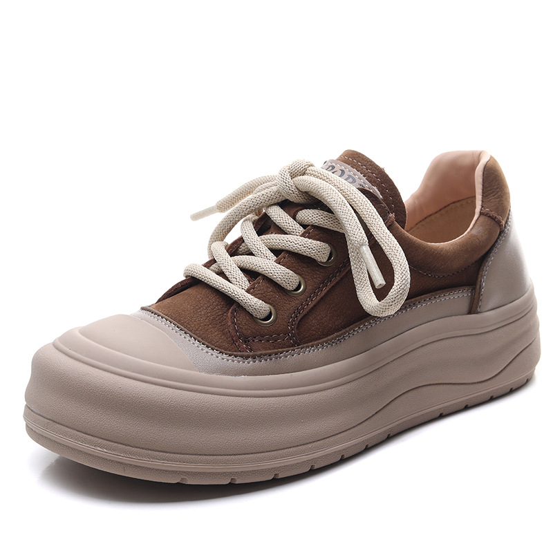 头层牛皮圆头拼色系带单鞋女2025春季新款百搭厚底舒适休闲女鞋