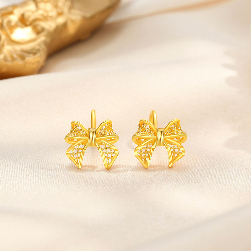 潮宏基御金丝少女蝴蝶结黄金耳钉足金5g高光金花丝礼物婚庆计价工费