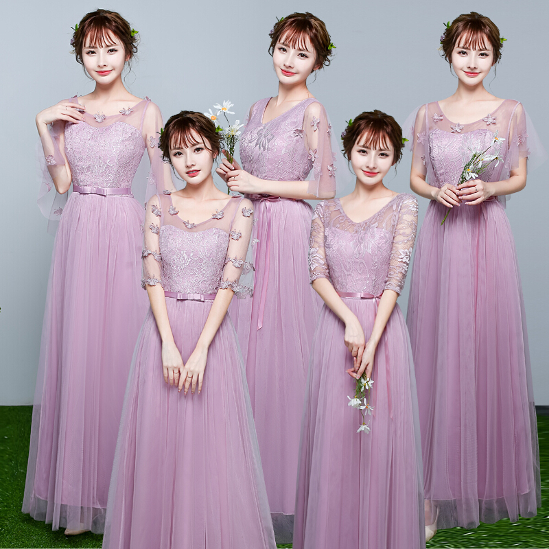 2018春夏季新款韩版伴娘服长款宴会礼服女装灰色中袖姐妹团演出服