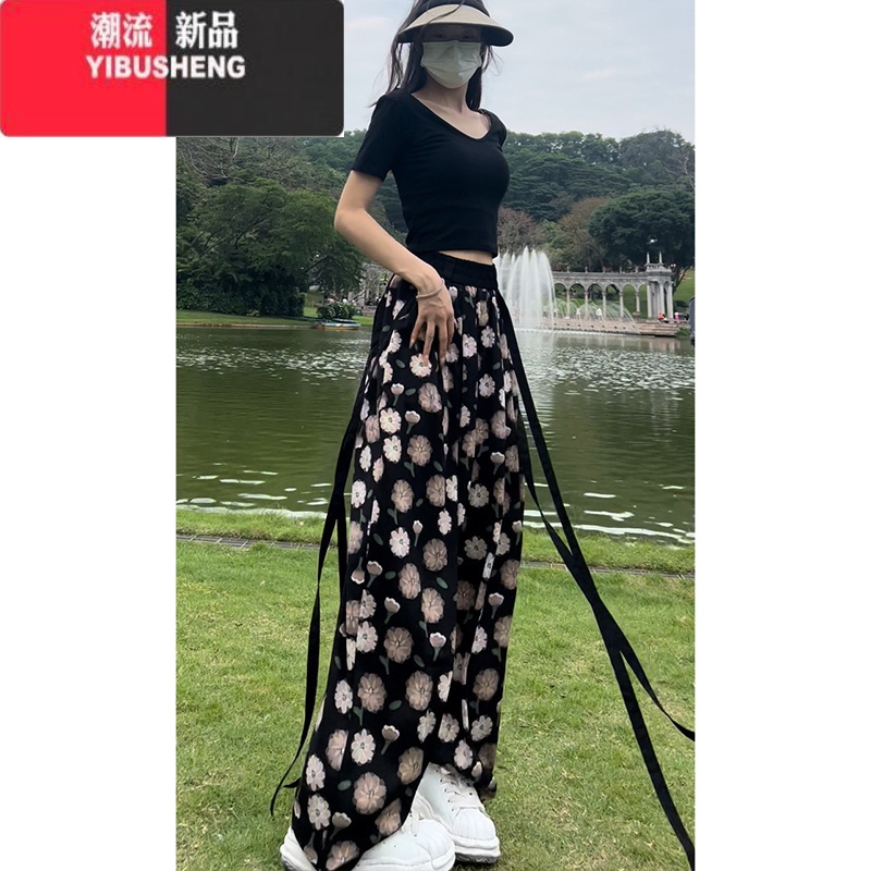 YIBUSHENG碎花印花飘带阔腿休闲裤女2024年季薄款宽松直筒长裤沙滩防蚊裤高清大图