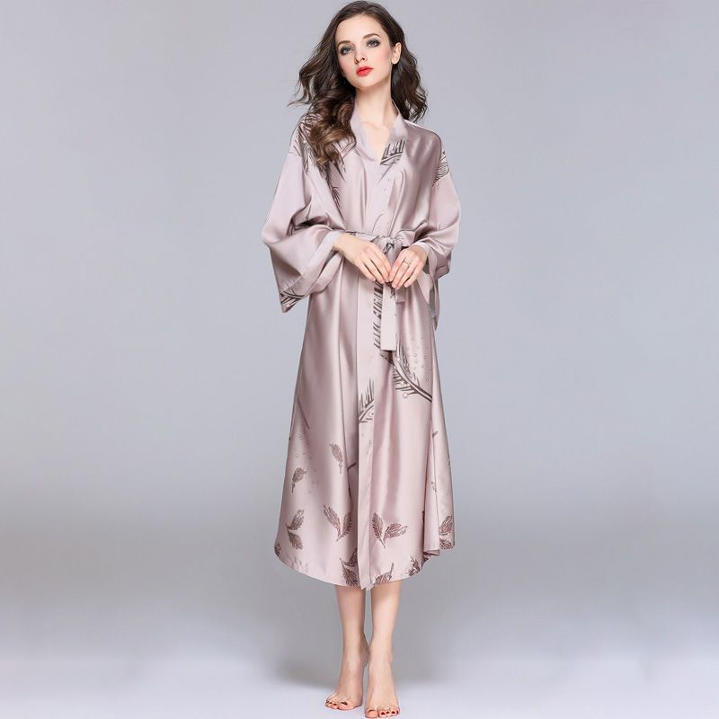 睡衣女春秋冰丝绸长款睡袍大码性感浴袍夏季纺真丝睡裙薄款家居服