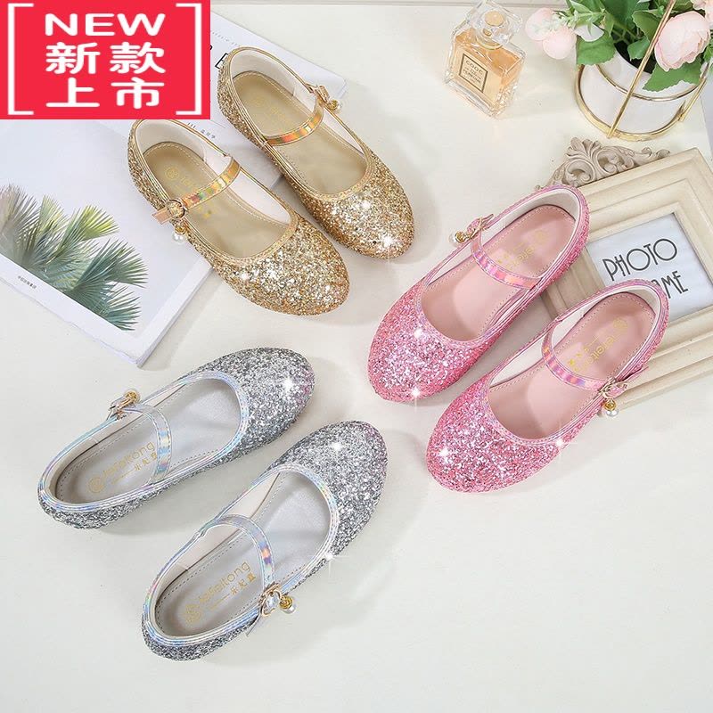可莉允女童公主鞋2022款洋气亮片搭扣水晶鞋小女孩走秀表演出儿童小皮鞋运动休闲鞋图片
