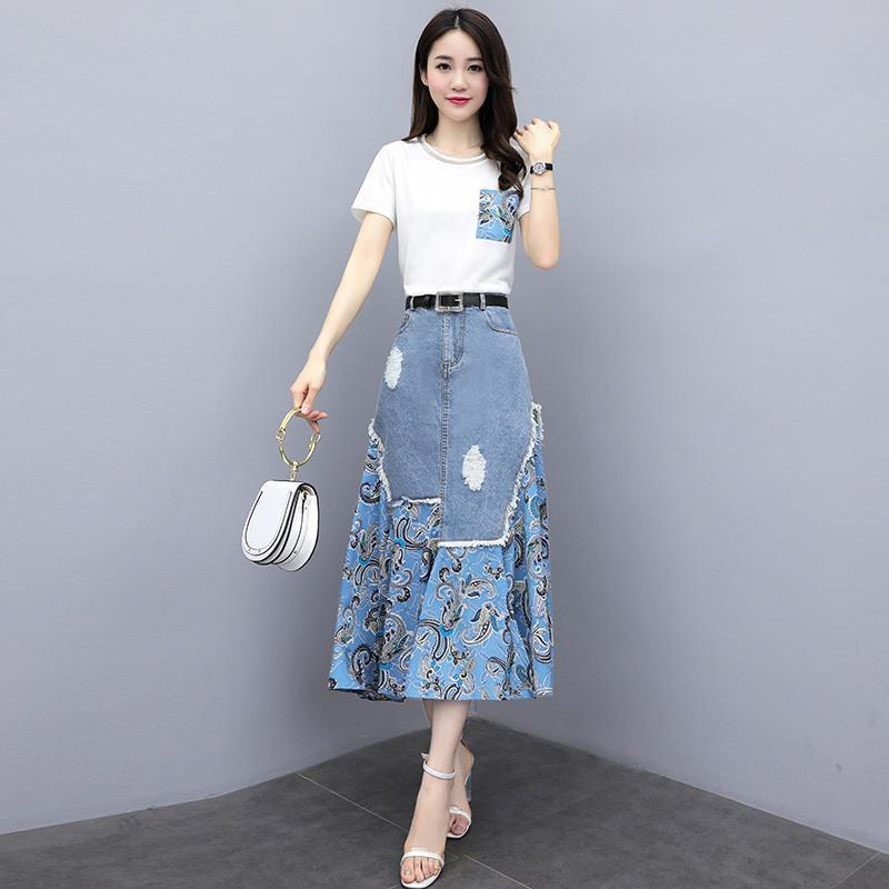 夏天牛仔连衣裙两件套2021年夏装新款女装气质显瘦裙子长裙套装潮 蓝花上衣 S[100斤以下]