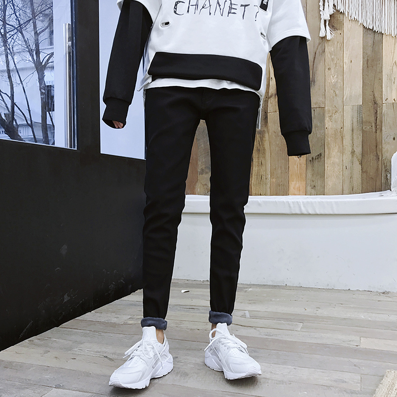 yuansu冬季加绒裤子男韩版潮流裤修身弹力小脚男士休闲长裤黑色牛仔裤