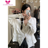 YUNWUXIN2022薄款大码胖mm宽松显瘦防嗮上衣女百搭翻领褶皱长袖衬衫潮