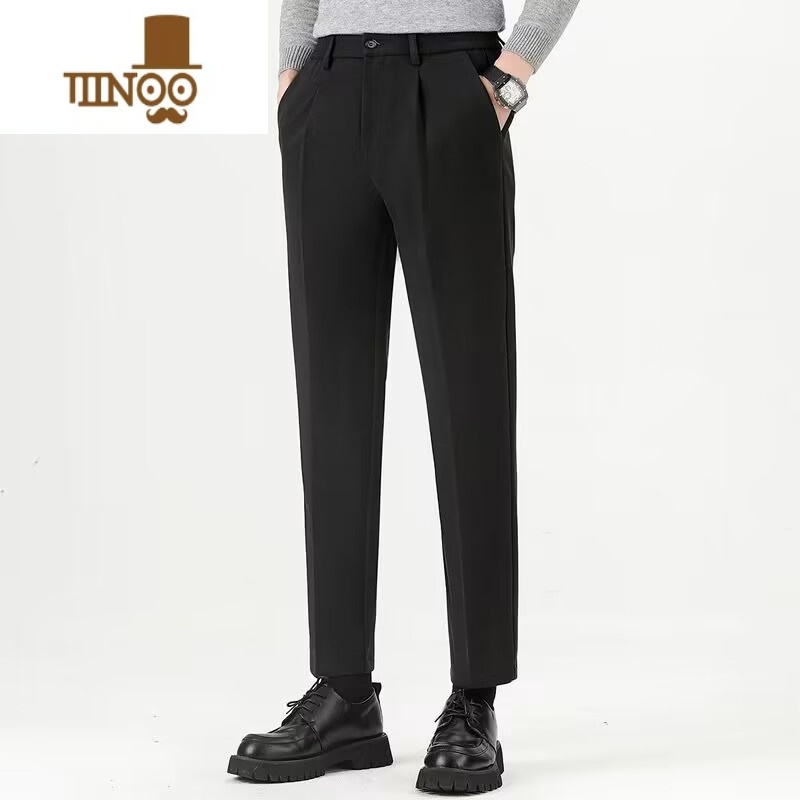 YANXU新款男士高端大码毛呢九分西裤加厚弹力垂感免烫休闲直筒长裤 黑色长裤 40三尺一腰围