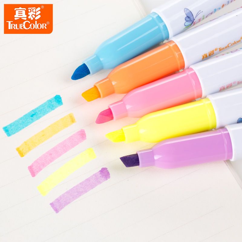 真彩学生文具6色荧光笔黄橙紫蓝粉绿色记号笔时尚韩风笔记手账笔 橙黄蓝紫粉各1支共5支