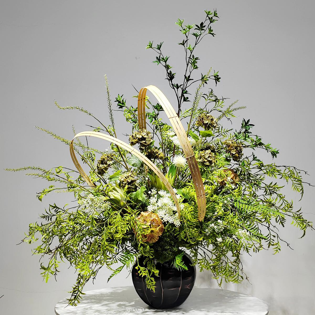 小窝厘 新中式仿真绿植花艺售楼处装饰玄关摆件 (树脂花器+仿真花+竹编)货号1400高清大图