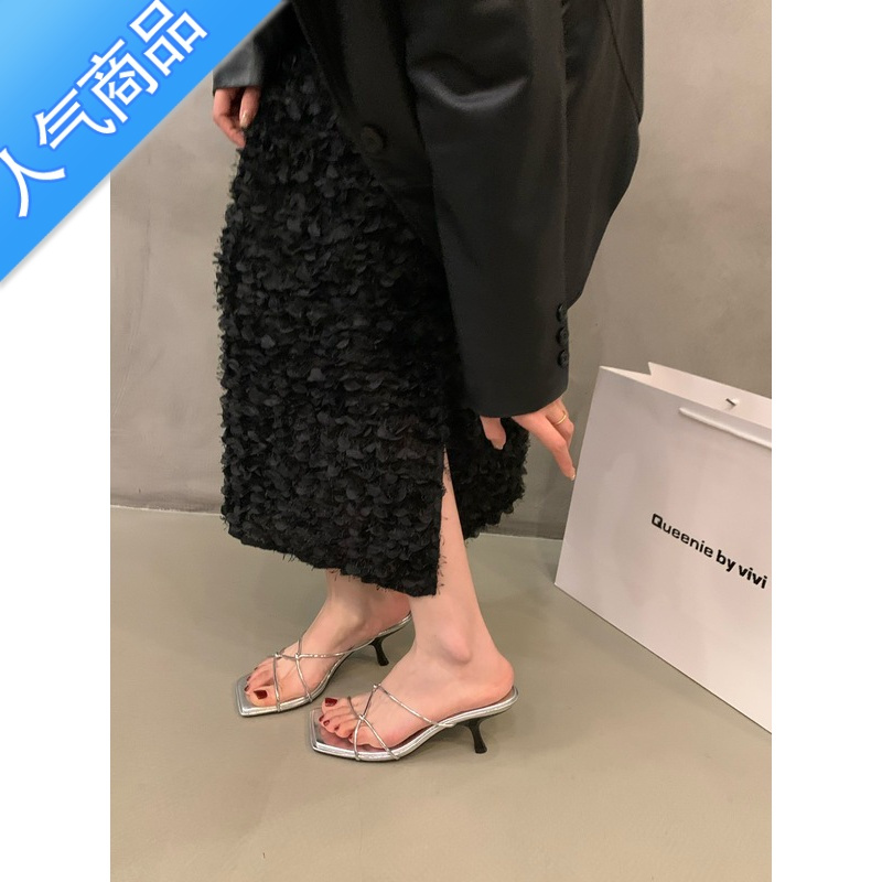 SUNTEK法式小众高级感银色凉拖鞋外穿仙女鞋子2023年新款夏季高跟鞋凉鞋