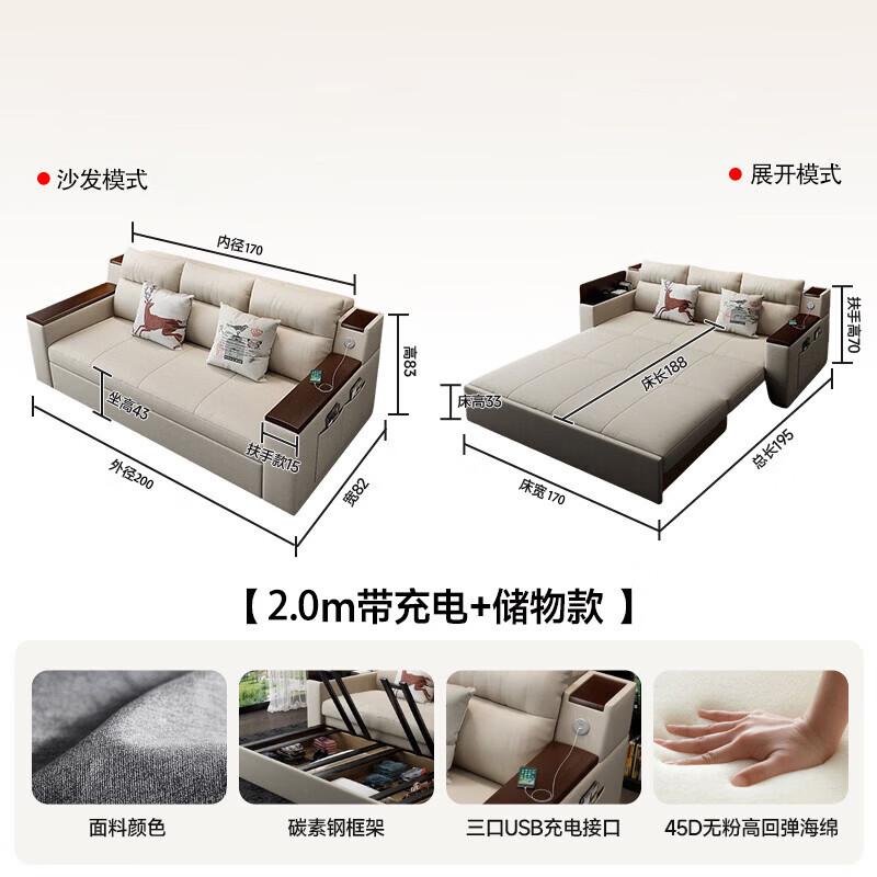 晋舰现代客厅可折叠充电沙发床两用可拆洗布艺沙发储存款外径200cm+颜色可选高清大图
