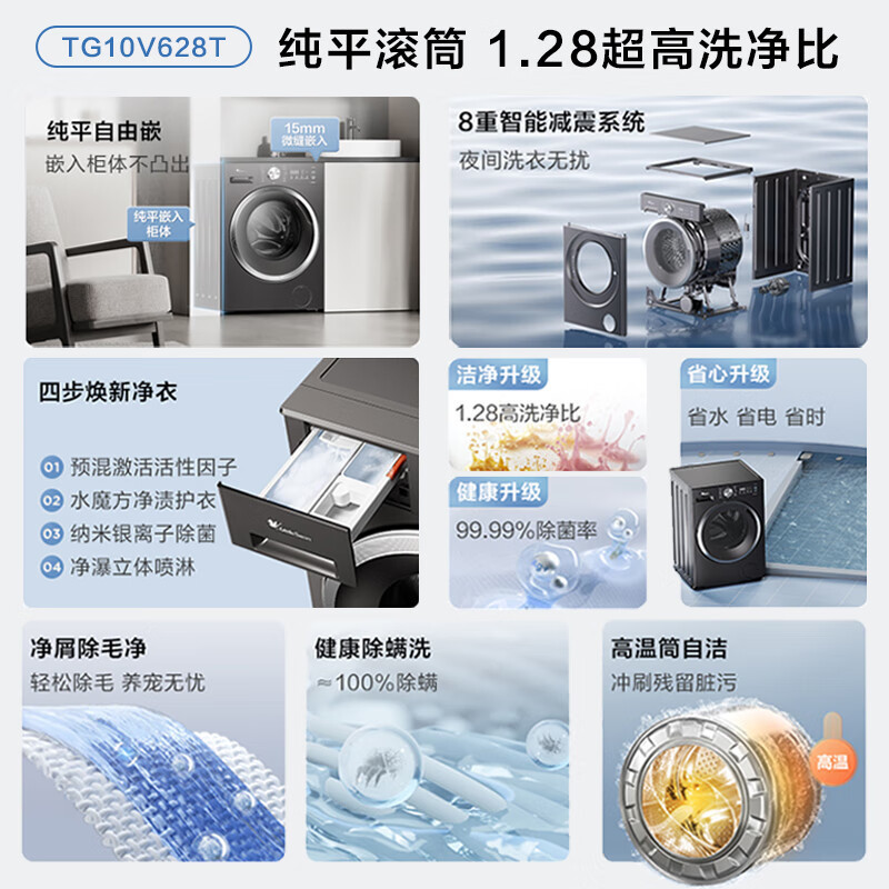 小天鹅(LittleSwan)滚筒洗衣机全自动家用水魔方10公斤以旧换新一级能效内衣洗国家补贴20% TG10V628T
