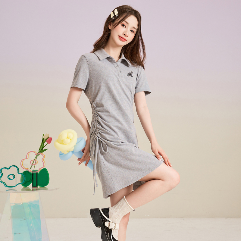 [2.5折价105元]下架唐狮黑色抽绳收腰显瘦连衣裙女春新款小个子Polo裙子