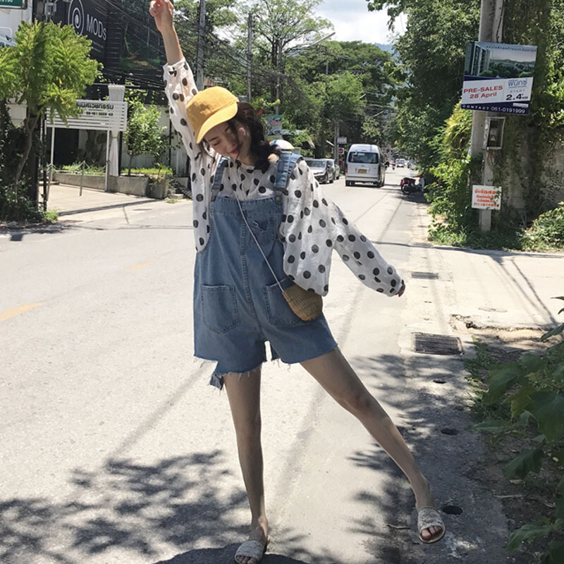 夏季女装韩版宽松侧边割破毛边口袋牛仔裤背带裤连体裤阔腿裤短裤 牛仔蓝 均码