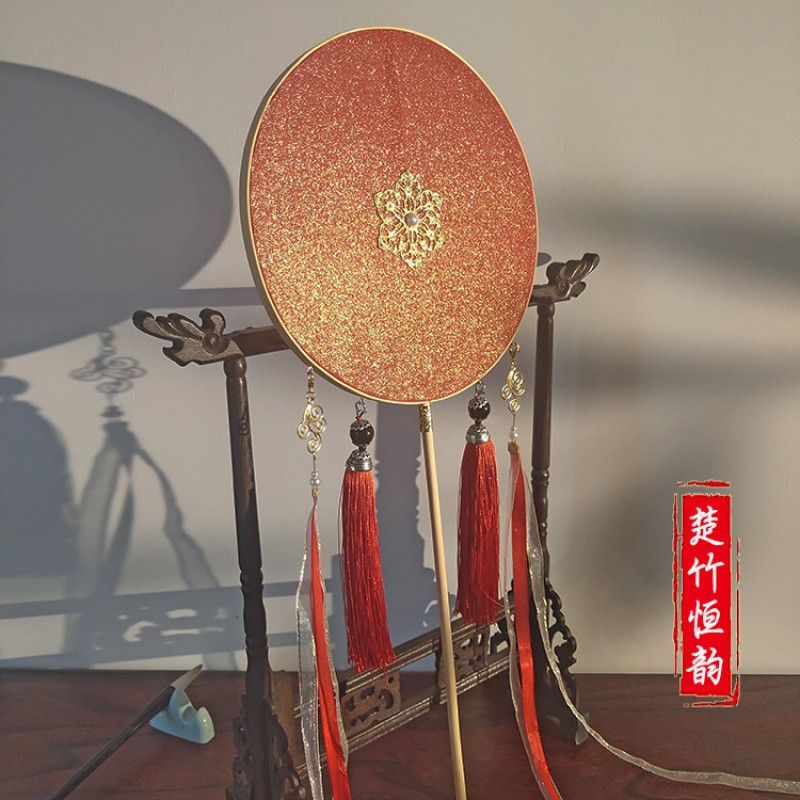 长柄古风扇子女团扇古典汉服宫扇圆扇舞蹈婚扇烫金带流苏成品喜扇 三维工匠 [成品]红色烫金A款[含挂饰送流苏]