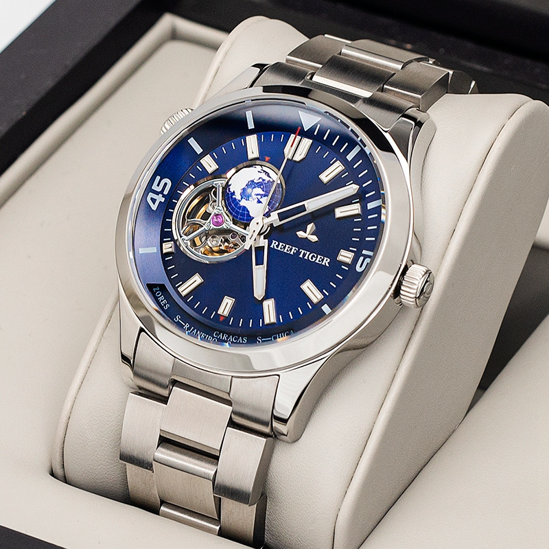 瑞夫泰格reeftiger休闲商务手表全自动机械表男表地球自转防水星球