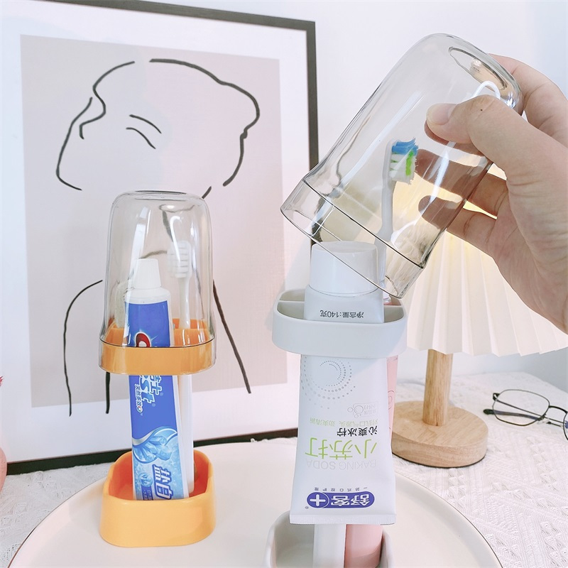 漱口杯电动牙刷杯学生宿舍洗漱用品收纳盒牙膏牙具刷牙杯牙缸带盖活力橙+简约白[2个装]