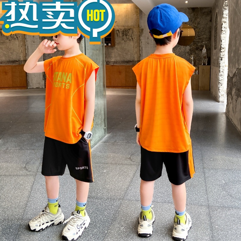 绿彩虹光男童夏季背心短裤套装大童夏装2023新款儿童运动速干篮球服潮球衣