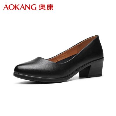 奥康女鞋2025新款夏季透气浅口粗跟职场圆头高跟鞋套脚通勤工作皮鞋 黑色 40码