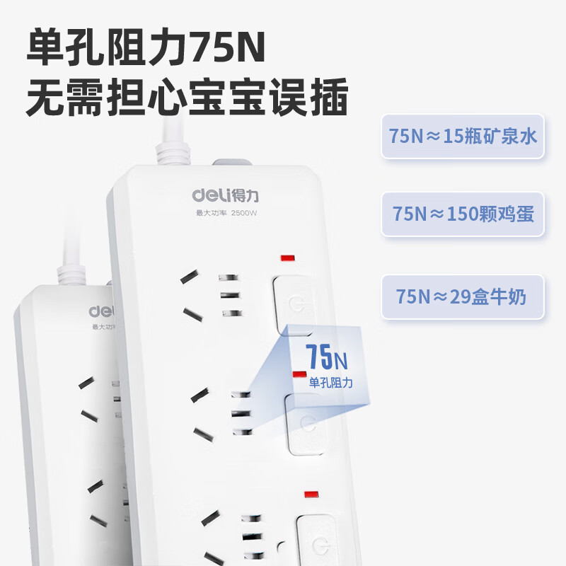 得力 18176-03 插座_5组_3米_PVC袋装 白 只高清大图