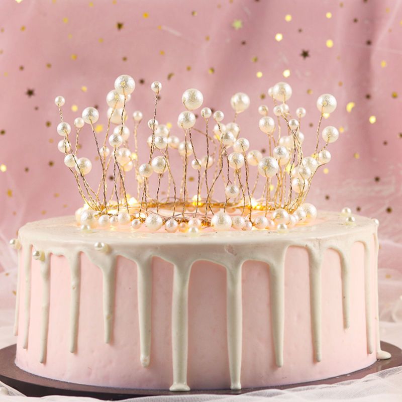 1个5个珍珠皇冠蛋糕装饰摆件女王皇冠头饰生日蛋糕烘焙装饰品1米暖白