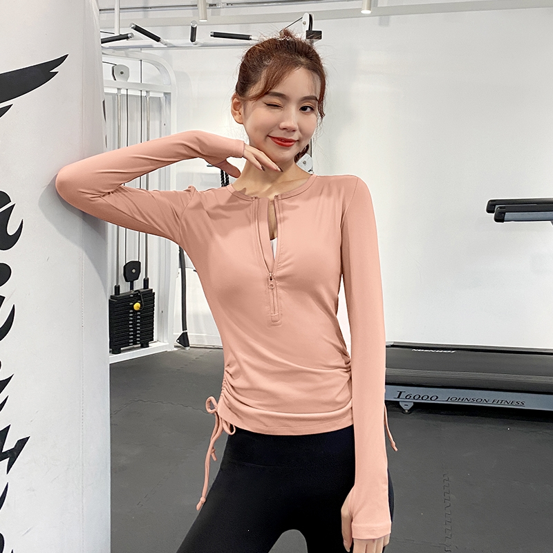 健身服女瑜伽长袖紧身运动上衣跑步速干t恤春秋季网红显瘦半拉链视频