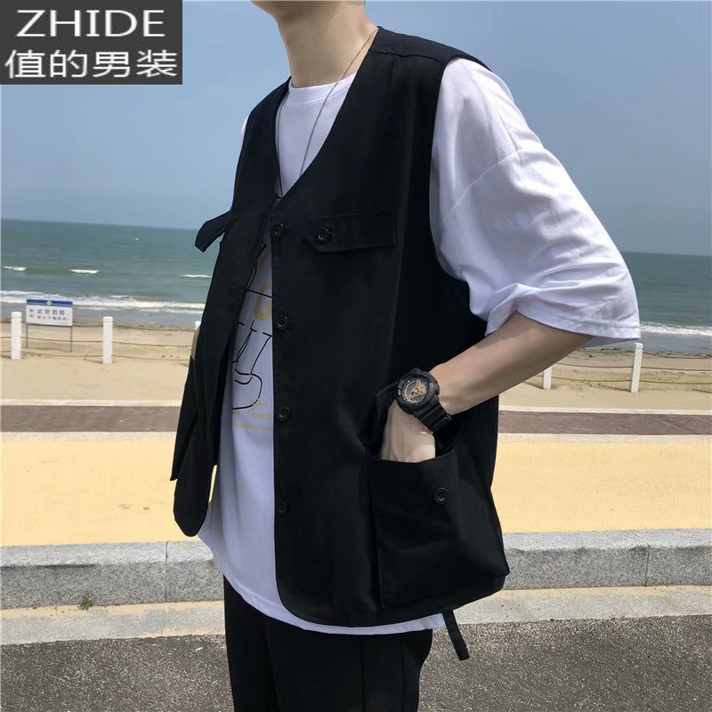 SUNTEK夏季马甲外套男坎肩背心外穿搭配港风国潮嘻哈薄款多口袋工装马夹马甲/背心高清大图