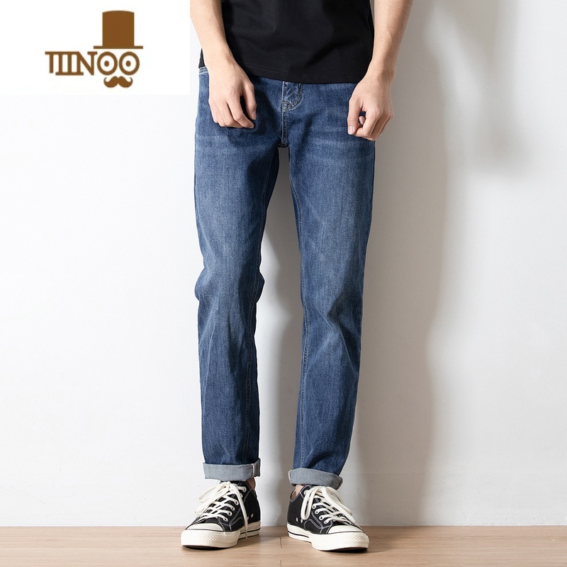 YANXU棉公薄款牛仔裤男士直筒修身中腰弹力蓝色休闲长裤潮