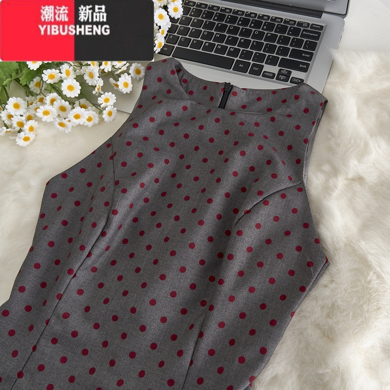YIBUSHENG复古波点连衣裙春季女收腰背心裙无袖短款裙子