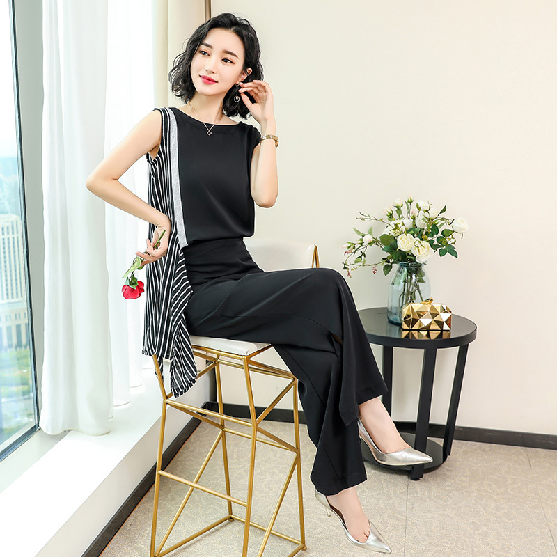 条纹不规则套装女气质拼接无袖上衣遮肉显瘦开叉阔腿裤洋气两件套