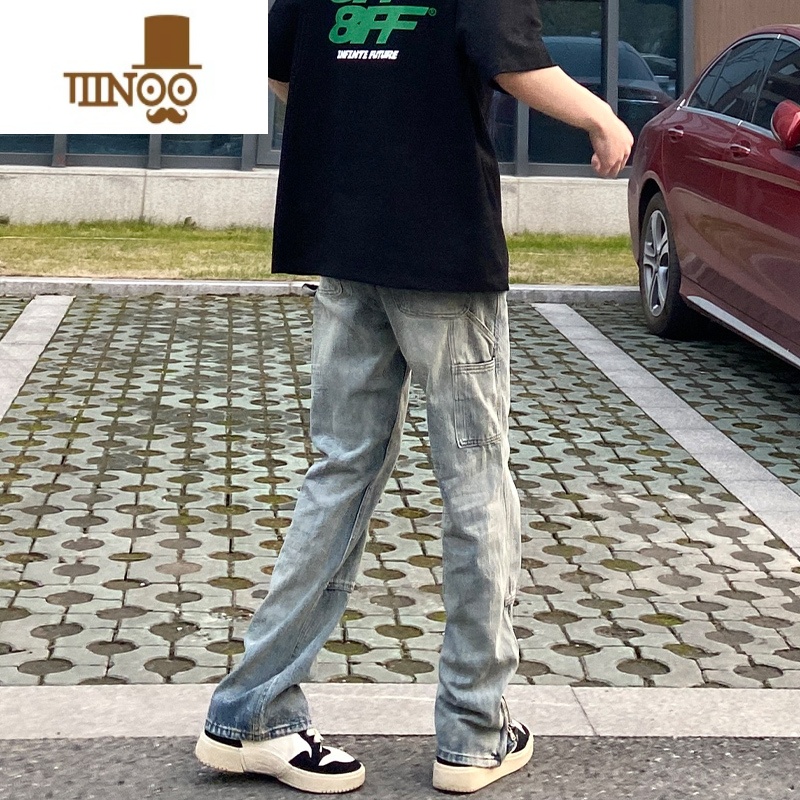 YANXU国潮牌美式街头做旧水洗直筒牛仔裤男oversize设计感宽松百搭长裤高清大图